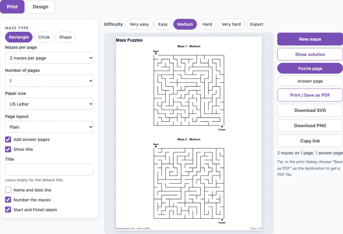 Printable mazes example
